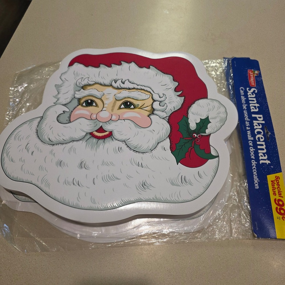 Vintage Joybrite 17in Christmas Santa Claus Placemat, Set of 10, Vinyl Cutout